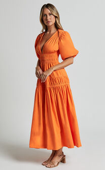 Mellie Midi Dress - Puff Sleeve Plunge Tiered Dress in Orange