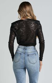 Alora Bodysuit - Sequin Wrap Front Long Sleeve Bodysuit in Black Sequin ...
