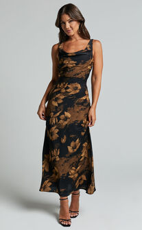 Dara Midi Dress - Low Neck Sleeveless Slip Dress in Amber Floral Print