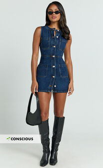 Stephanie Mini Dress - Scoop Neck Pocket Detail Recycled Denim Dress in Indigo Wash
