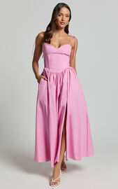 Holly Midi Dress - Corset Lace Up Dress with Split in Musk Pink | Showpo