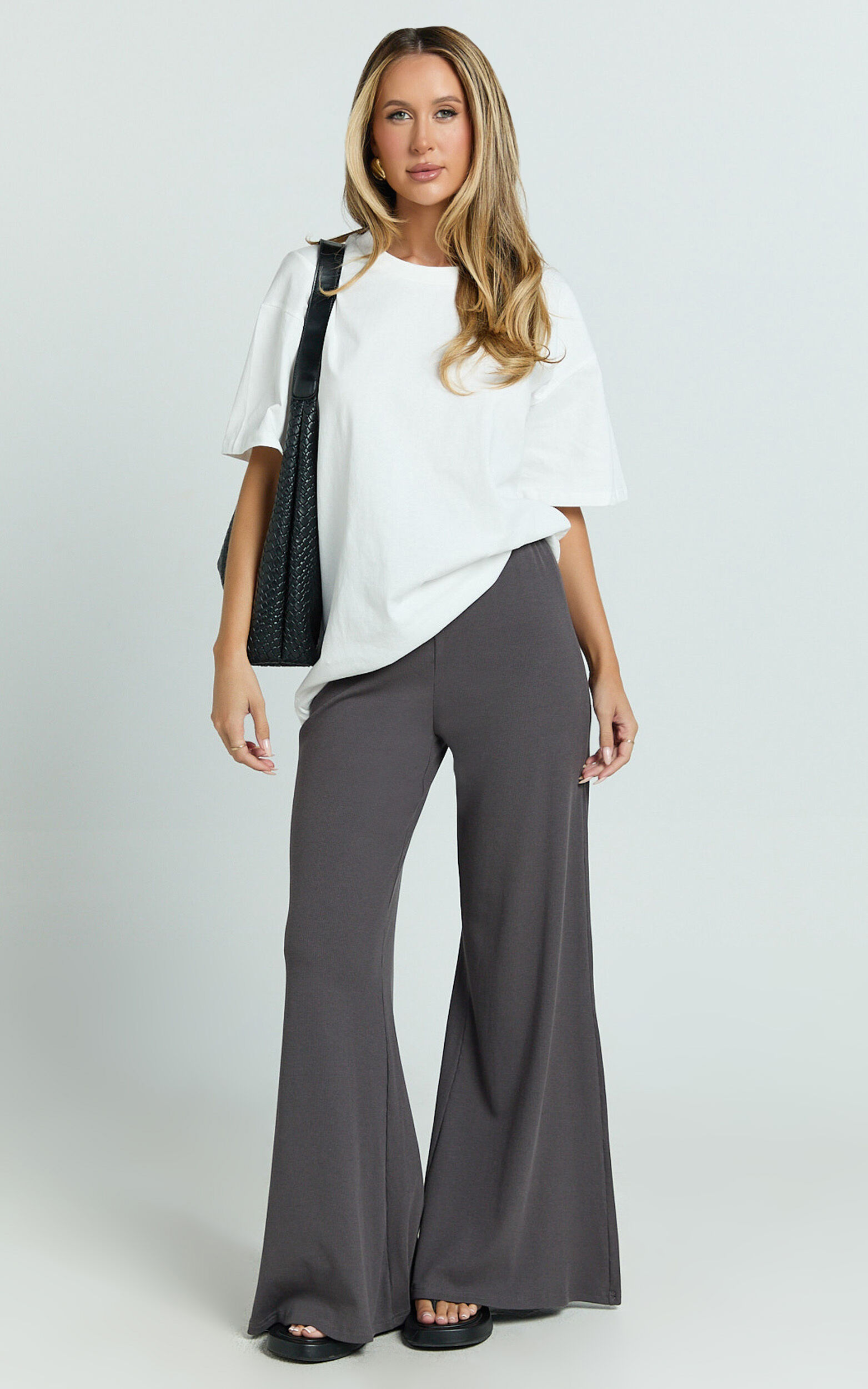 Amalthea Pants - High Waisted Jersey Rib Wide Leg Pants in Charcoal - 06, GRY1