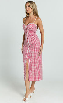 Anessa Midi Dress - Button Front Bustier Fitted Dress in Red Gingham