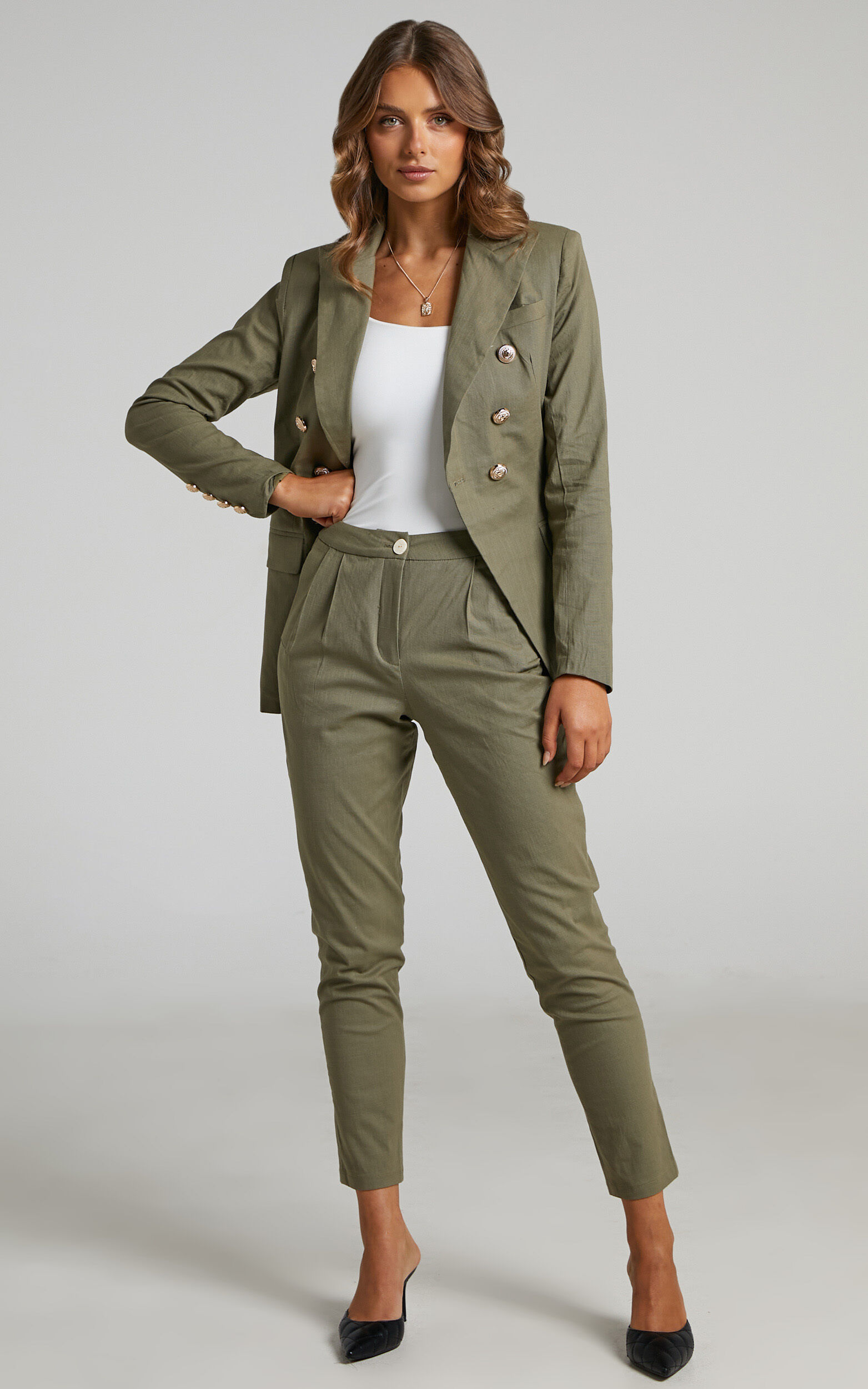 Lavinia Gold Button Tailored Double Breasted Blazer in Olive Showpo EU