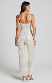 Carlie Jumpsuit - Straight Neck Strappy Sequin in Champagne | Showpo
