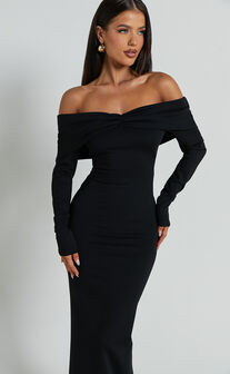 Rani Midi Dress - Off Shoulder Long Sleeve Bodycon Dress in Black
