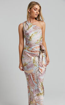 Adea Midi Dress - Asymmetric One Shoulder Slip Dress in Blue Lagoon Leaf Print