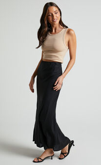 Aubrey Midi Skirt - Linen Look High Waisted Linen Look Bias Slip Skirt in Black