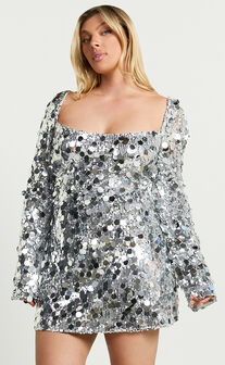 Selena Mini Dress - Flare Sleeve Disc Sequin Dress in Silver