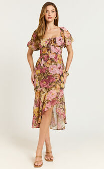 Jasalina Midi Dress - Puff Sleeve Dress in Classic Floral