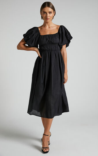 Peyton Midi Dress - Off Shoulder Puff Sleeve Tiered Dress in Black