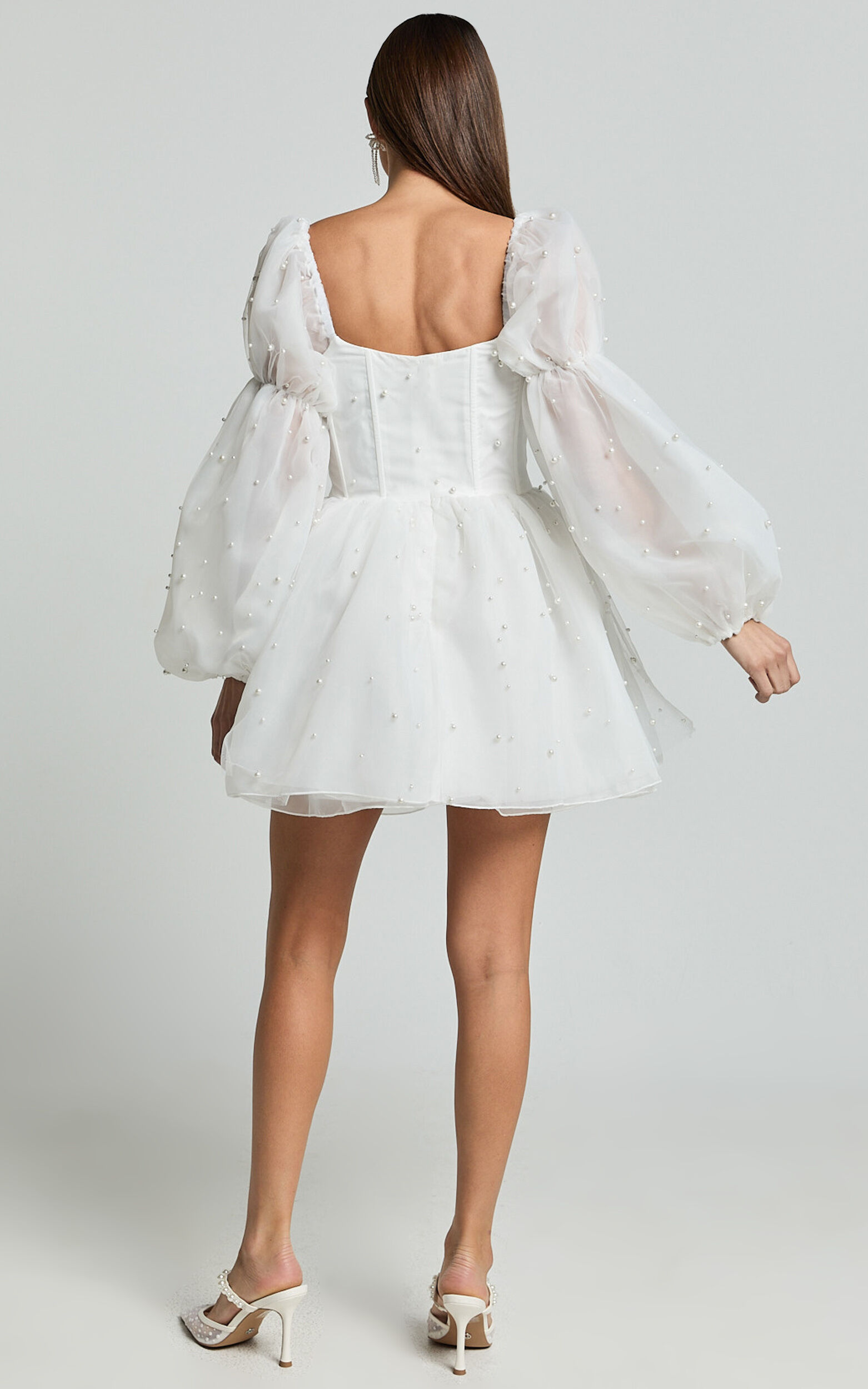 【新品未使用】　Acka pearl belted puff dress Ingrid Mini Dress - Long Puff Sleeve Pearl Detail Dress in