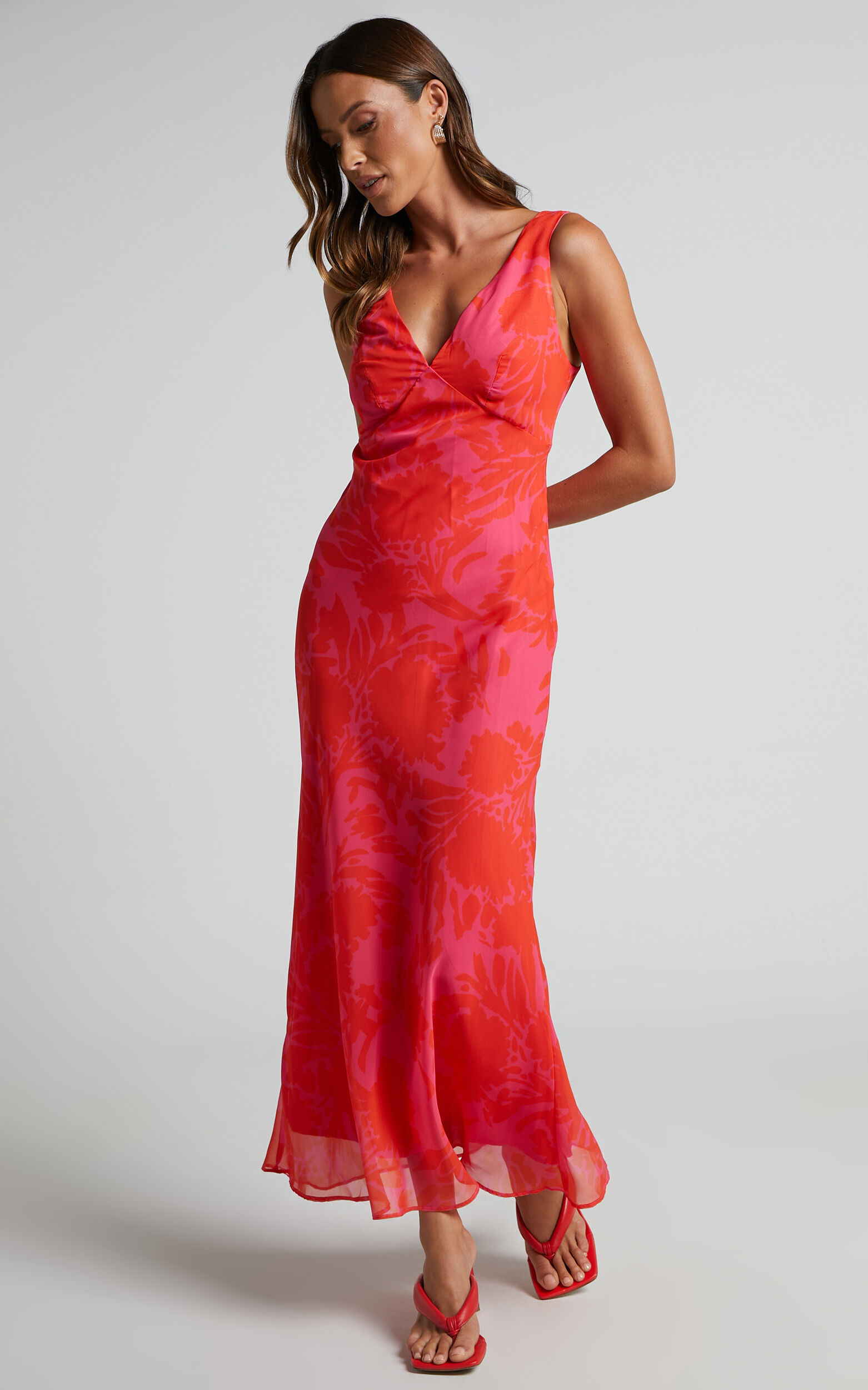 Jodie Midi Dress V Neck Slip Dress in Pink Floral Showpo USA