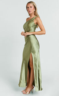 Isla Maxi Dress - Satin One Shoulder Side Split Dress in Olive