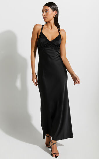 Nievie Midi Dress - Lace Trim Bias Cut Dress in Black