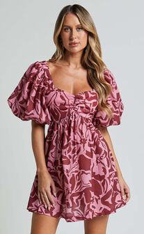 Lydie Mini Dress - Sweetheart Short Balloon Sleeve Ruched Bodice Dress in Whirlwind Floral Print