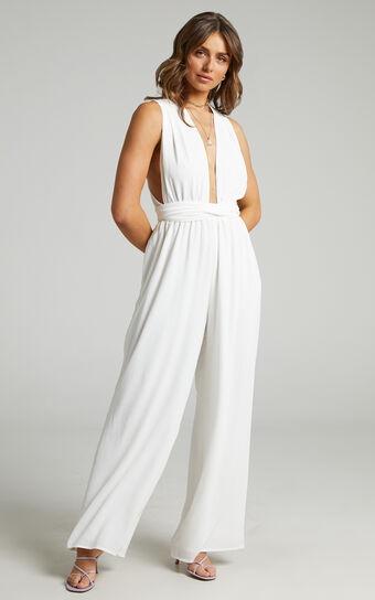 Girls Life Jumpsuit - Plunge Cross Back Tie Jumpsuit in White