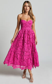 Gabriela Midi Dress - Strapless Lace Dress in Magenta