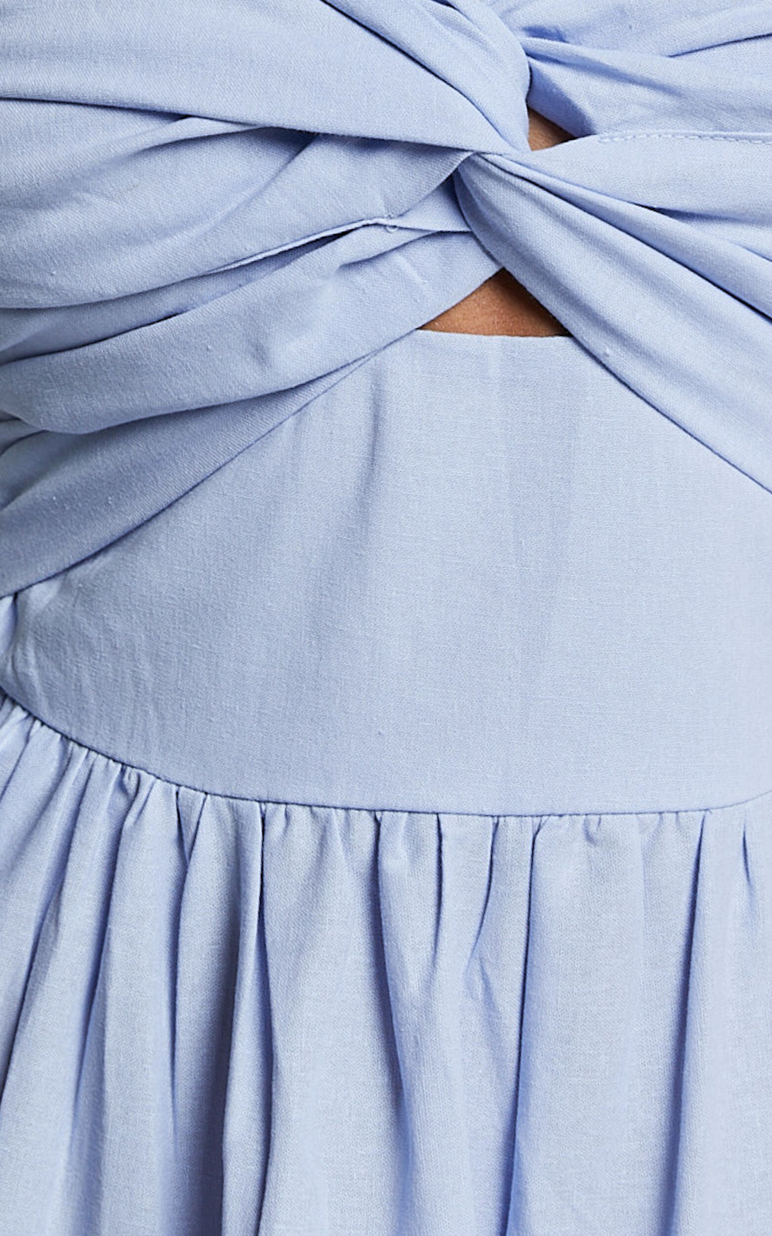 Leticia Midi Dress Twist Front Tie Strap Tiered Dress in Pale Blue Showpo