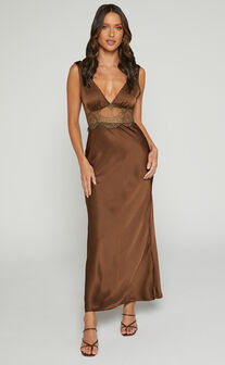 Juliet Midi Dress - V Neck Lace Insert Satin Slip Dress in Chocolate