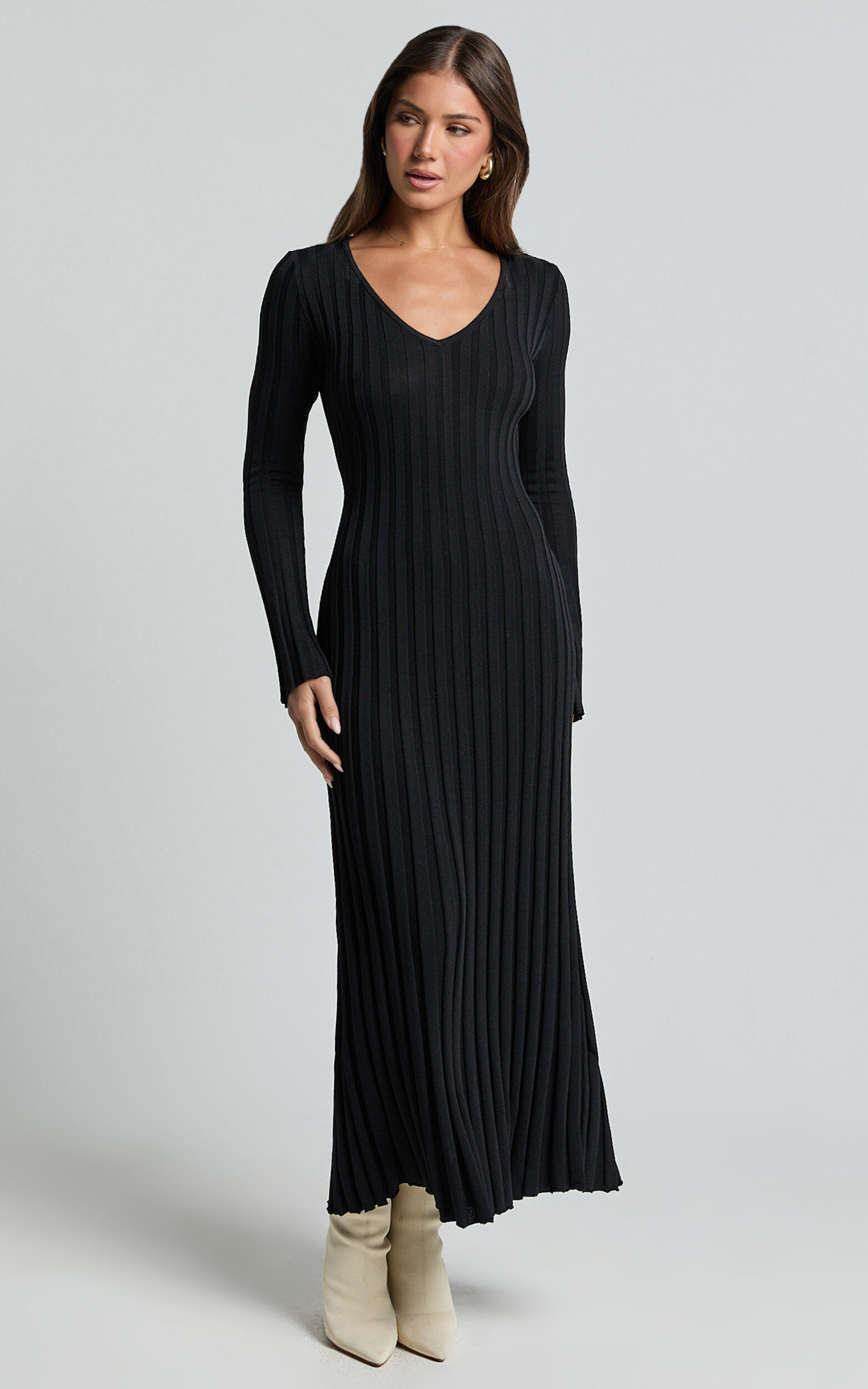 Astra Midi Dress - V Neck Long Sleeve Knit Dress in Black | Showpo USA