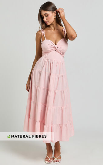 Leticia Midi Dress - Twist Front Tie Strap Tiered Dress in Soft Pink