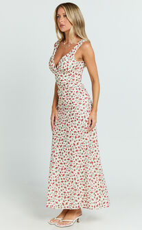 Mauriel Midi Dress - Deep V Gathered Bust Slip Dress in Red Floral