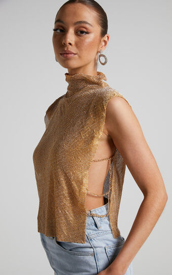 Dalena Top - Sleeveless High Neck Mesh Chainmail Top in Gold