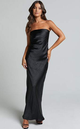 Charlita Maxi Dress - Strapless Cowl Back Satin Dress in Black