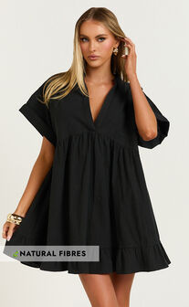 Calissa Mini Dress - Frill Hem Smock Dress in Black