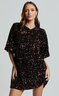 Valetta Mini Dress - Sequin low back shift dress in Chocolate