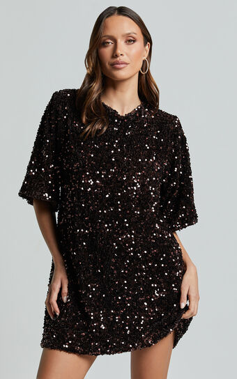 Valetta Mini Dress - Sequin low back shift dress in Chocolate