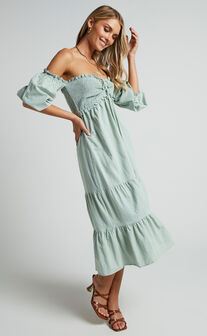 Nikka Midi Linen Blend Dress - Shirred Off Shoulder Puff Sleeve Dress in Sage