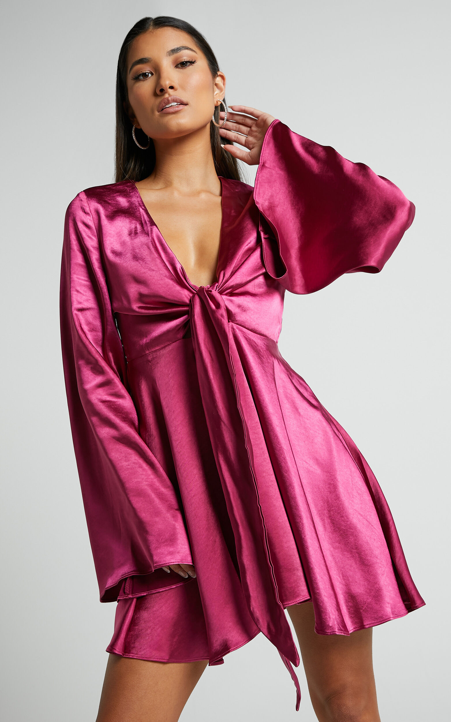 Marneth Mini Dress - Tie Front Long Sleeve Satin Dress in Magenta - 04, PRP1