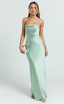 Hanna Maxi Dress - Satin Cowl Neck Low Back Dress in Sage