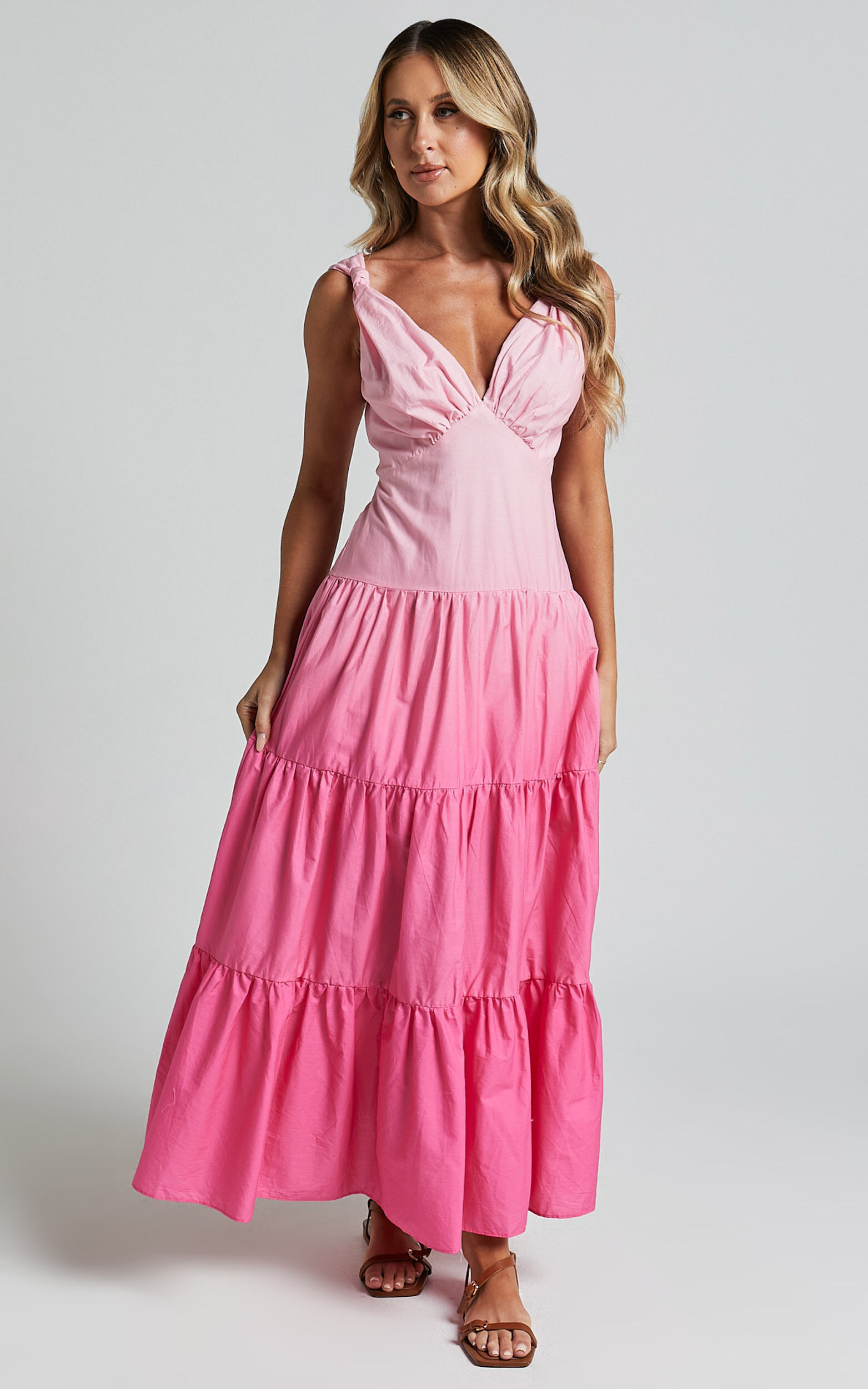 Kolton Midi Dress - Deep V Neck Tiered Dress in Pink Ombre - 06, PNK1