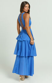 Elly Maxi Dress - Tiered Ruffle Cut Out Dress in Blue | Showpo