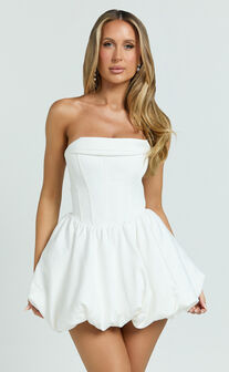 Jeannie Mini Dress - Corset Panel Bubble Hem Dress in Off White