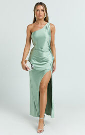 Isla Maxi Dress - Satin One Shoulder Side Split Dress in Sage | Showpo