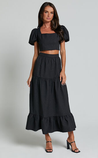 Katherine Two Piece Set - Puff Sleeve Crop Top and Ruffle Hem Midi Skirt Set in Black