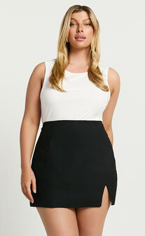 Mindy Mini Skirt - Linen Look A Line Side Split Skirt in Black