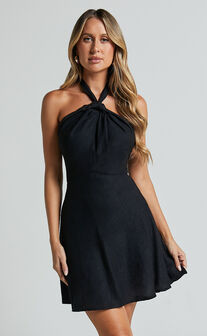 Louie Mini Dress - Linen Look Halter Neck Dress in Black