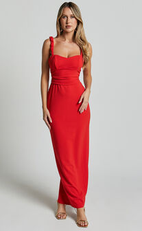 Tahlia Midi Dress - Sweetheart Ruched Dress in Red