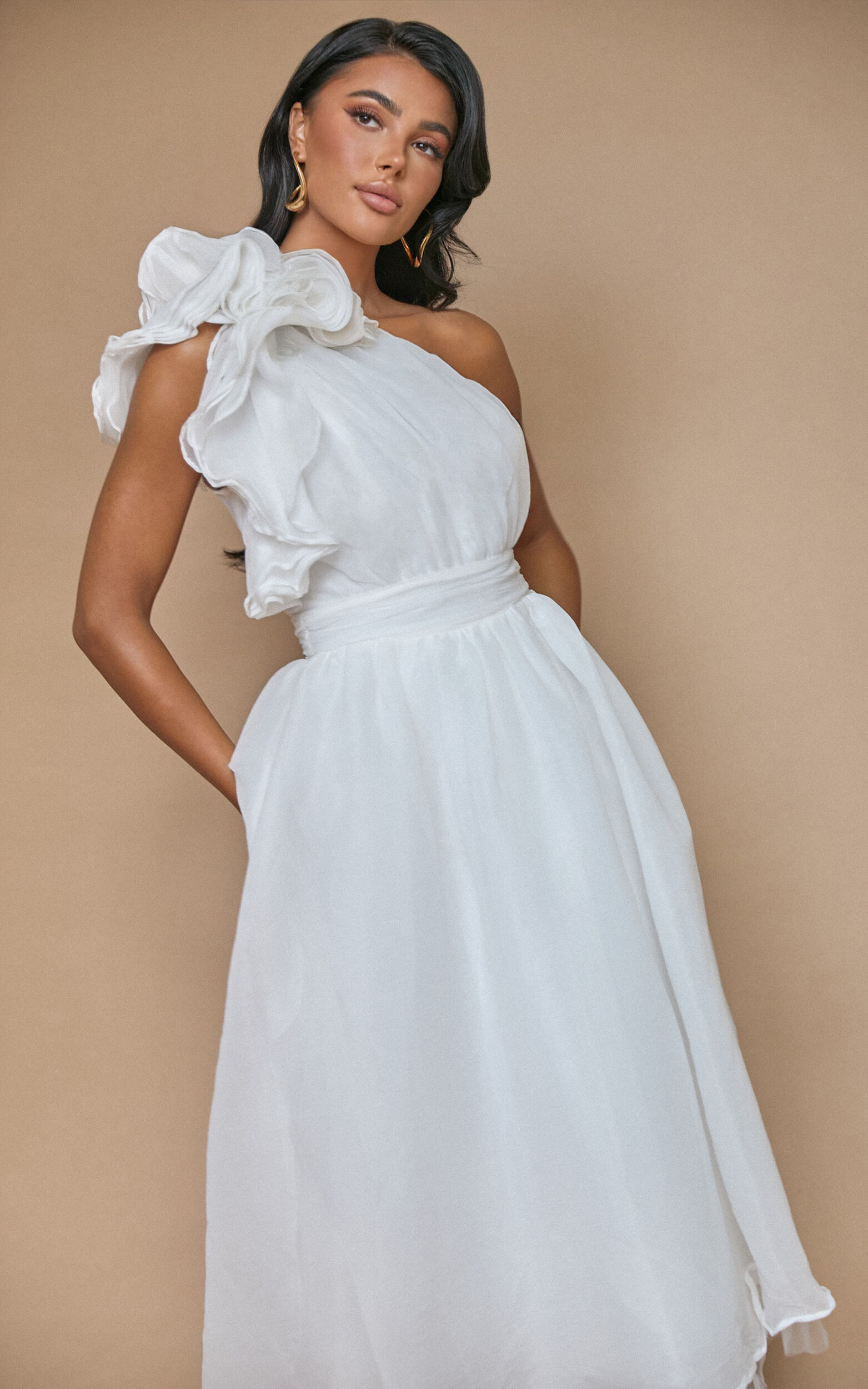 Tia Midi Dress - One Shoulder Frill Detail Fit & Flare Dress in White - 06, WHT1