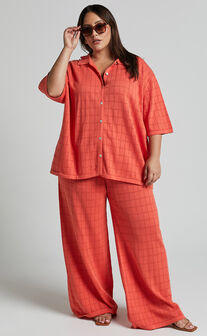 Tommy Two Piece Set - Knit Button Through Top and Pants Two Piece Set in Coral
