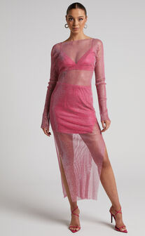 Karmen Midi Dress - Long Sleeve Split Diamante Mesh Dress in Pink