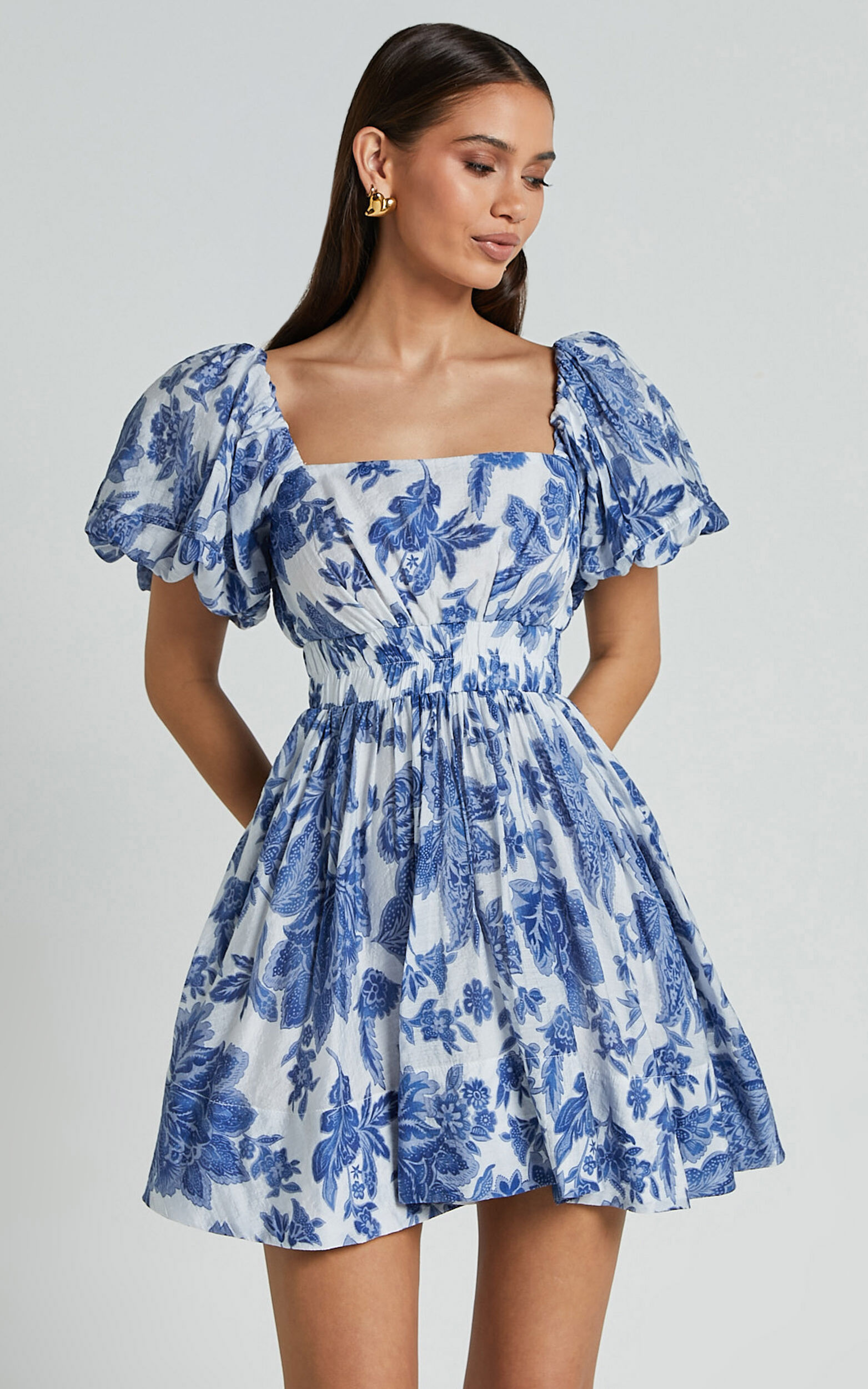 Mira Mini Dress - Square Neck Balloon Sleeve Dress in Blue Floral | Showpo