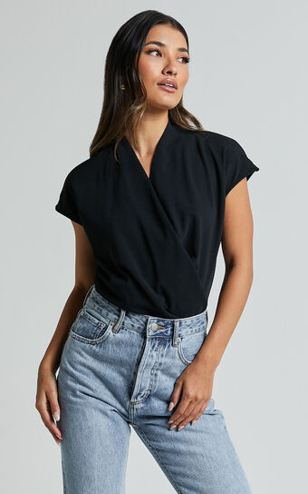 Lucianne Top - Short Sleeve Draped Top in Black