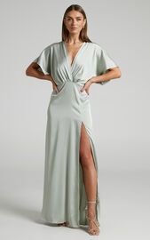 Azrael Maxi Dress - Angel Sleeve Thigh Split Plunge Neck Satin Dress in ...