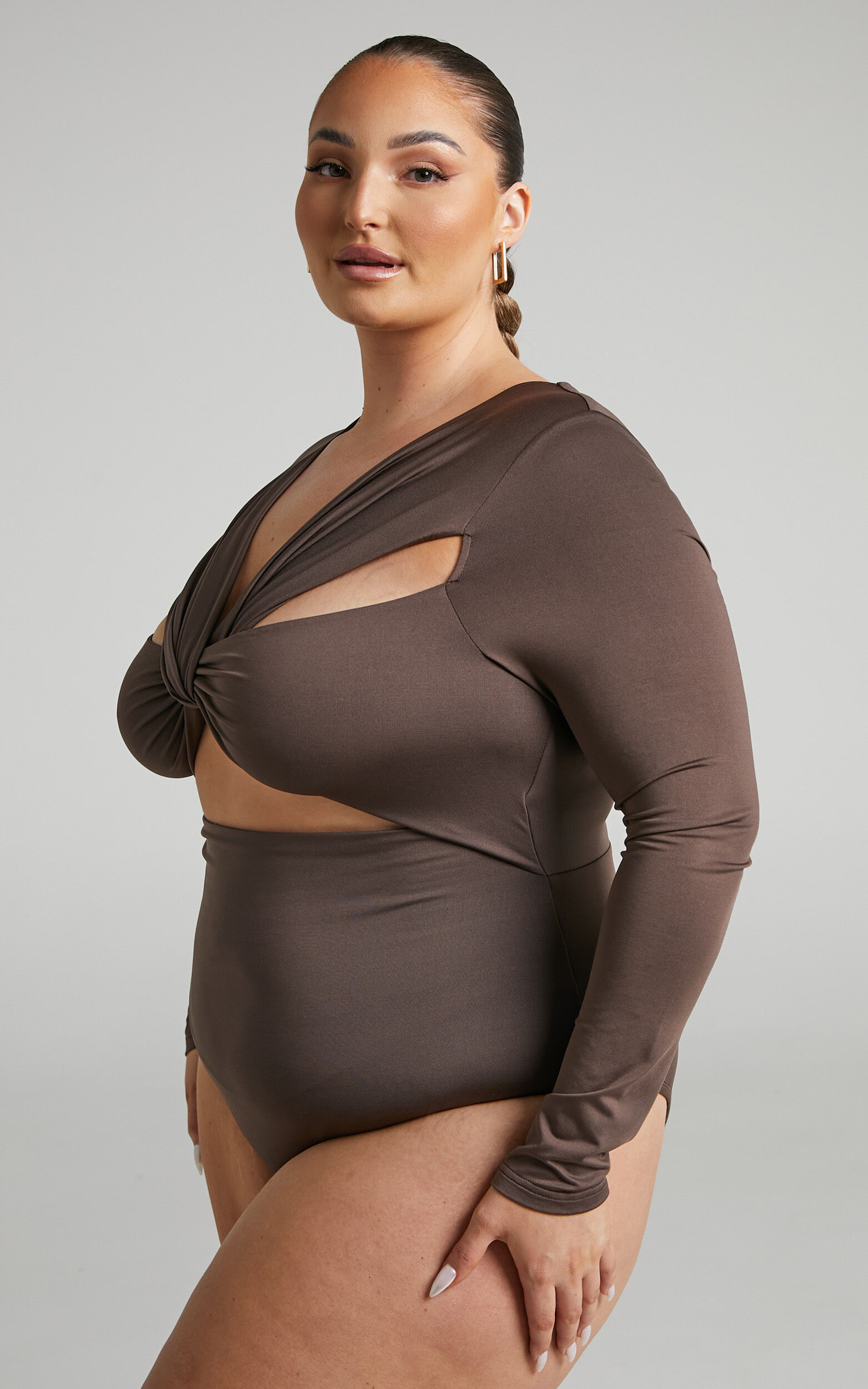 Nadia Bodysuit - Twist Front Cut Out Long Sleeve Bodysuit in Nadia Bodysuit - Twist Front Cut Out Long Sleeve Bodysuit in